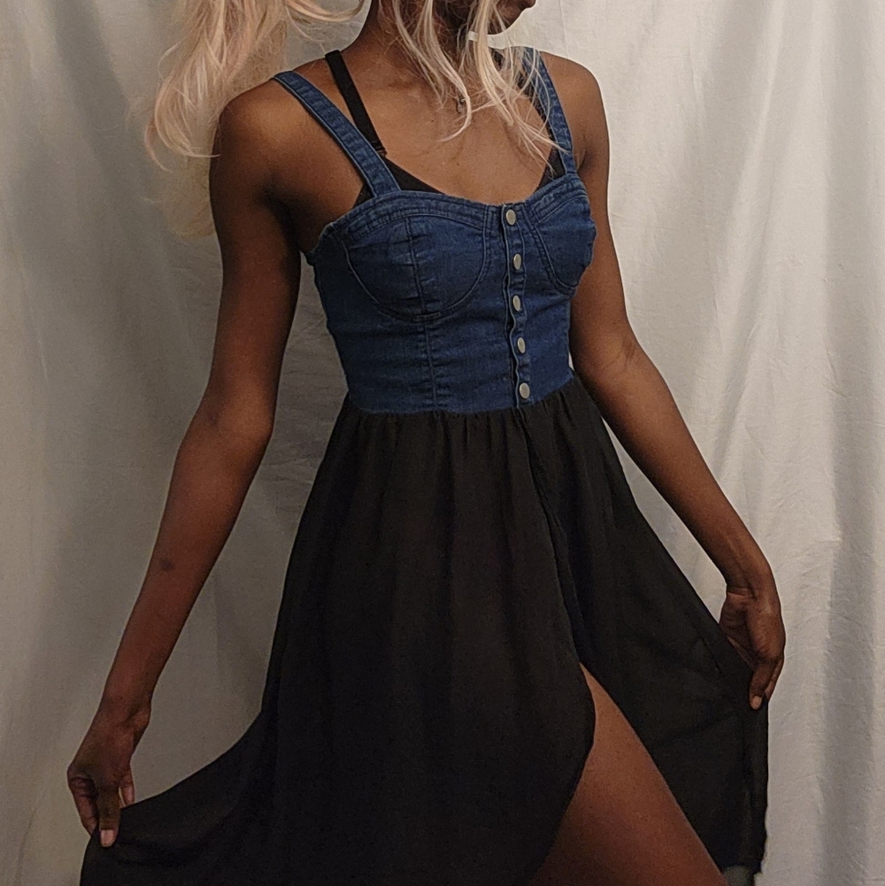 Denim-Top Black Chiffon Dress